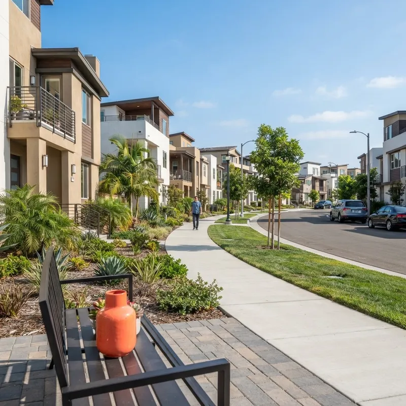 Wide view of a modern sun-drenched suburban residential street