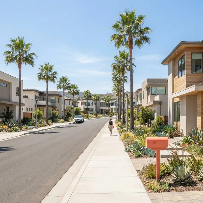 Quiet sunlit residential street in a modern community