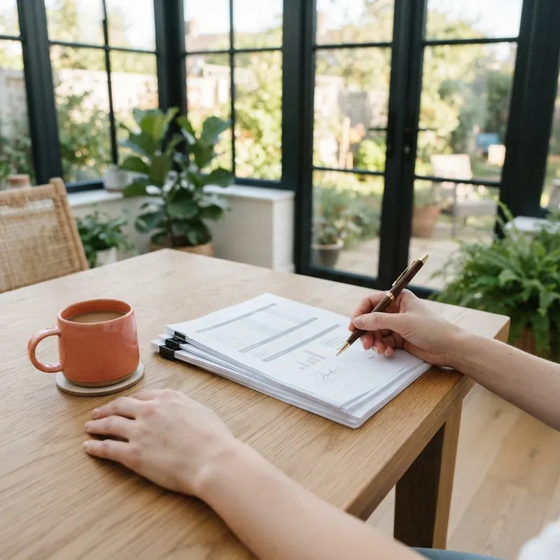 Hands resting on real estate documents at a table