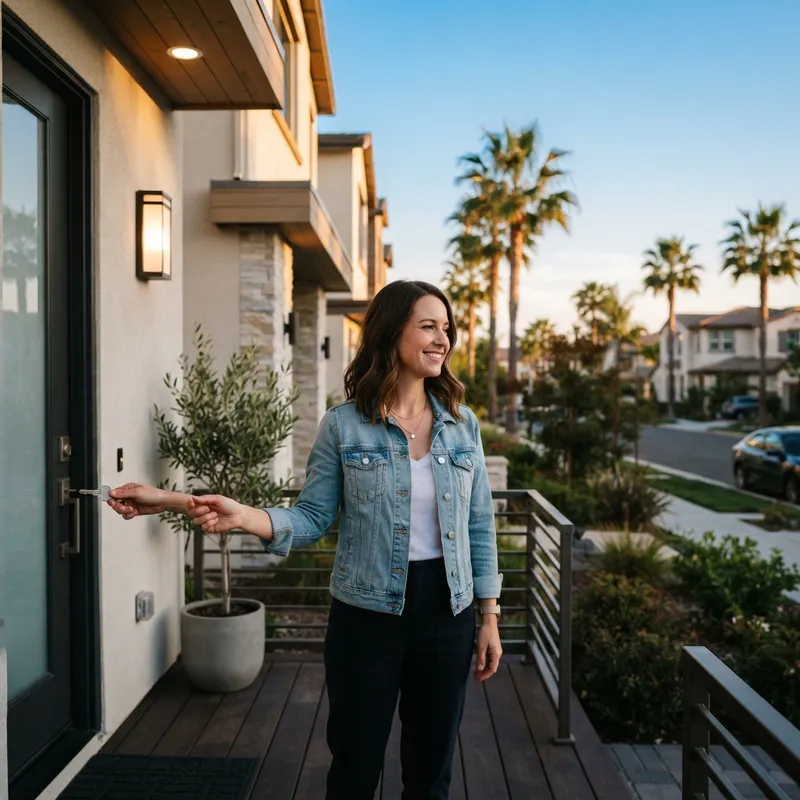 New homeowner holding keys to a modern townhome