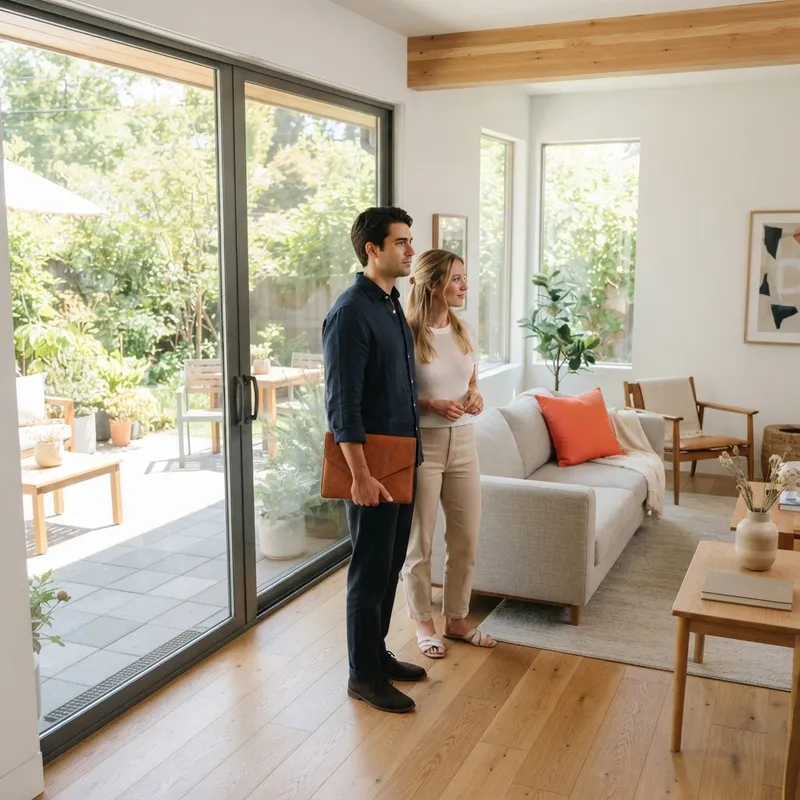 Couple standing in a modern open concept living room