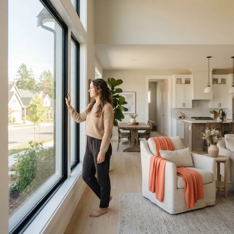 Young woman looking out the window of a new home