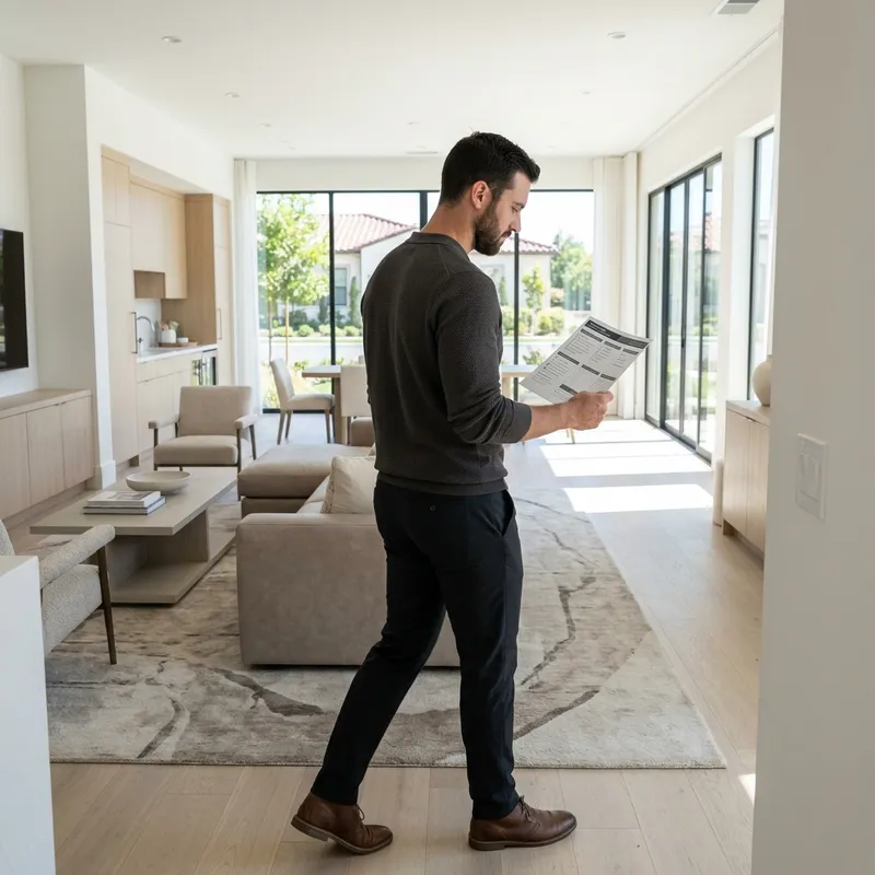 Buyer reviewing builder checklist while touring model home interior
