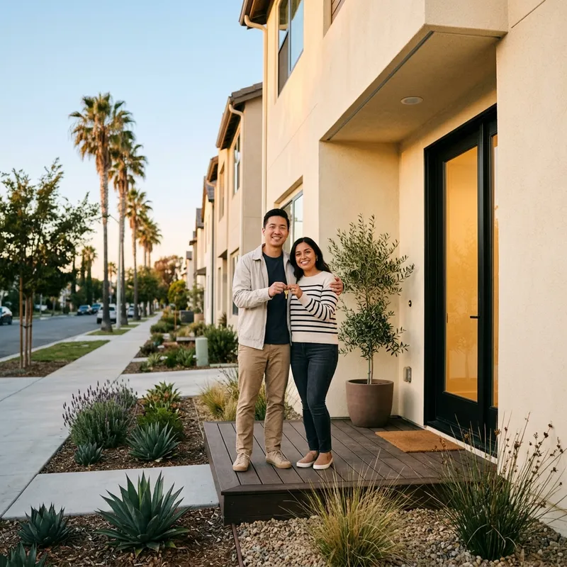 Couple holding key at newly built home entrance at sunset