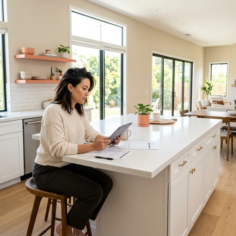 Woman reviewing builder comparison notes at new kitchen island