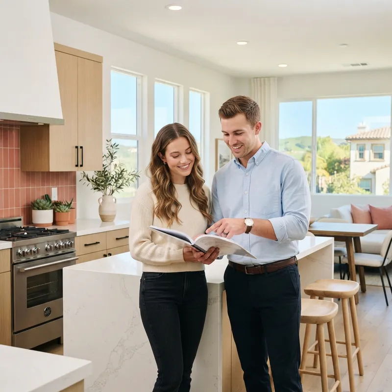 Couple reviewing documents in a modern kitchen