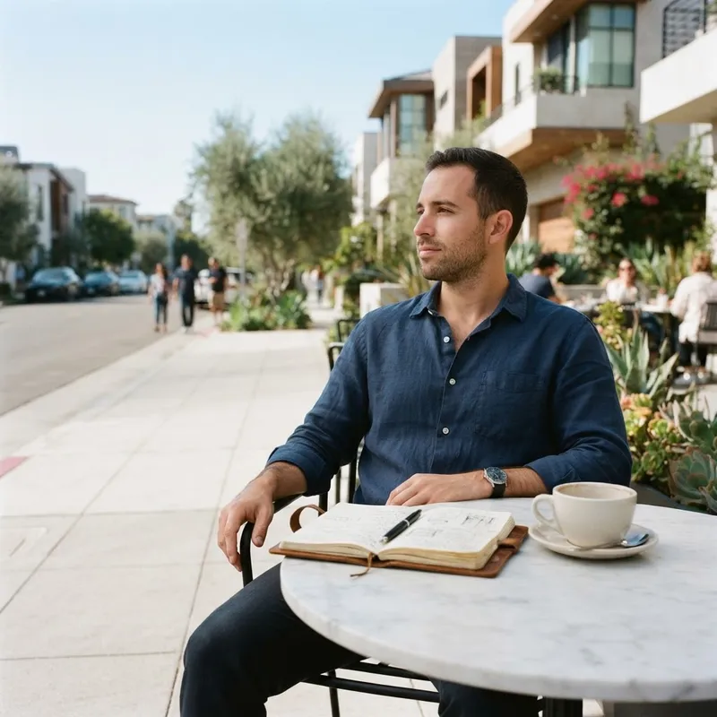 Person sitting at a cafe table planning a home purchase