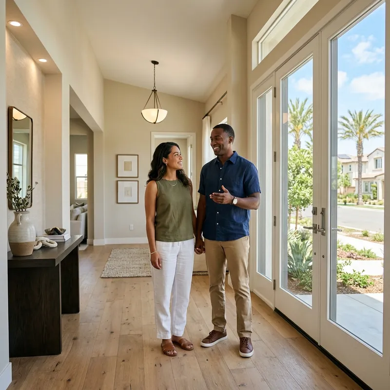 Couple together inside new construction model home calm
