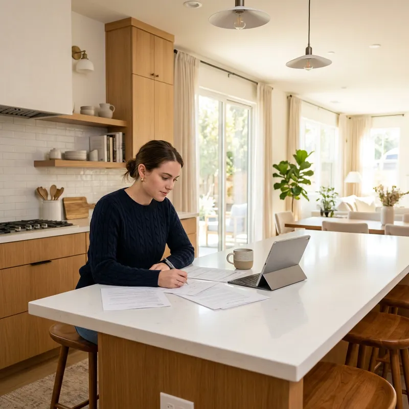 Young buyer reviewing documents confidently at new home