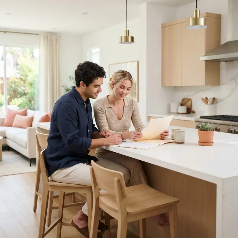 Couple reviewing documents at a modern kitchen island