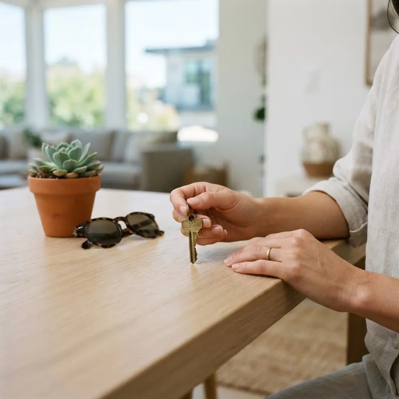 Hand holding a new house key on a table