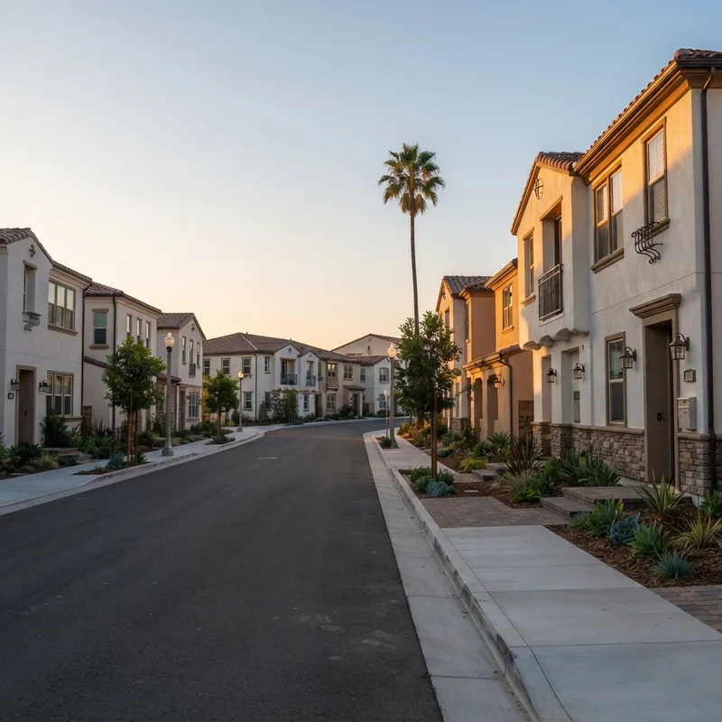 Modern new construction townhomes on a sunny suburban street