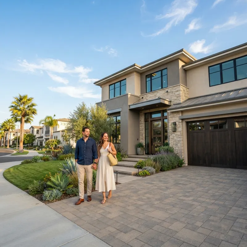 Couple standing confidently in front of a new suburban home