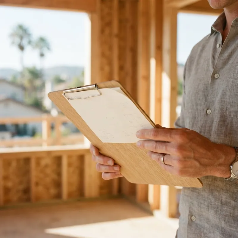 Person reviewing construction progress on a clipboard