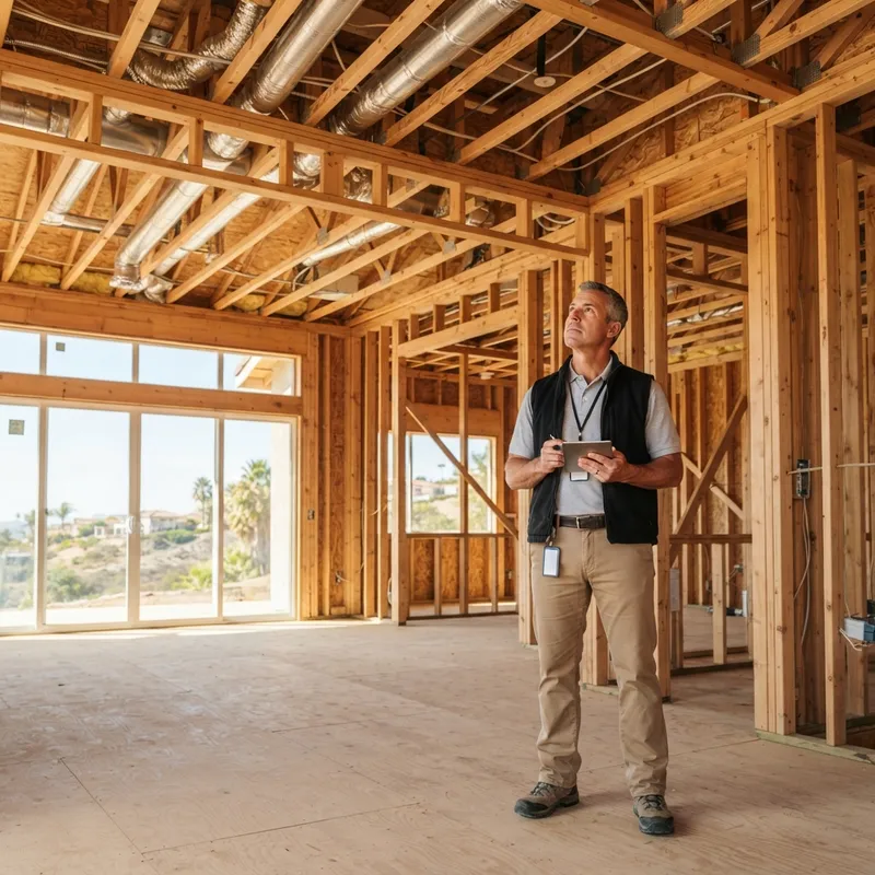 Professional inspector inside a new home construction site