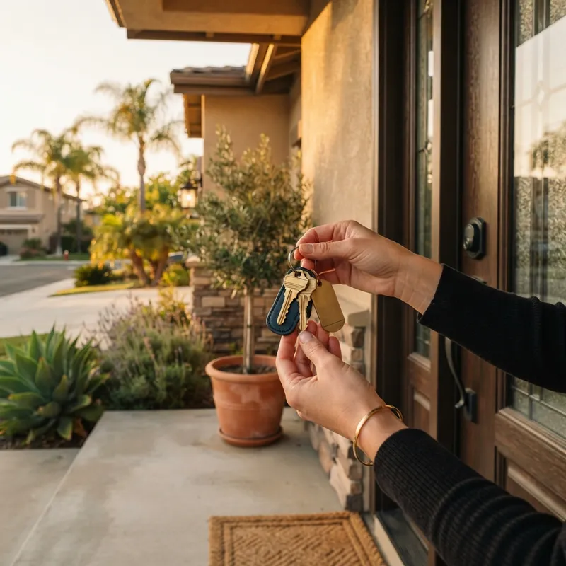 New homeowner holding keys in front of a modern house