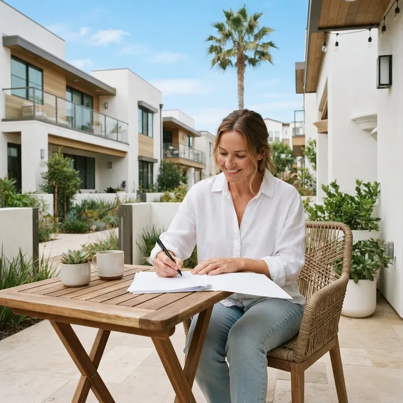 Person preparing to sign documents on a sunny patio