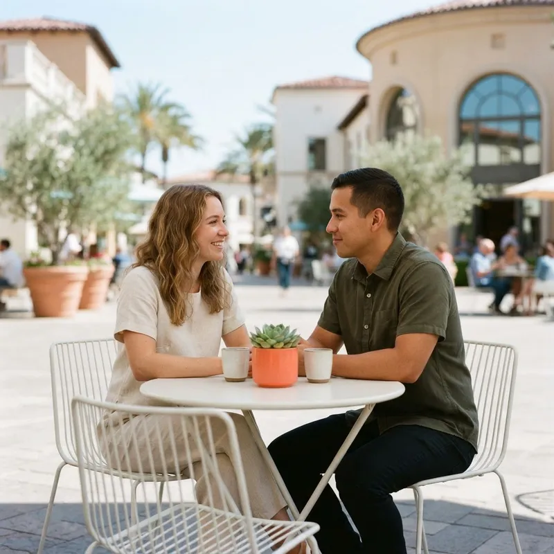 A couple having a serious and calm discussion in a plaza