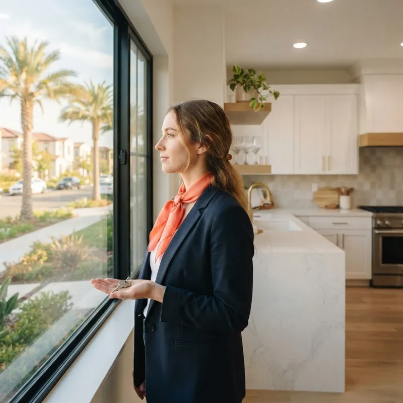 A woman standing in a bright kitchen holding a house key