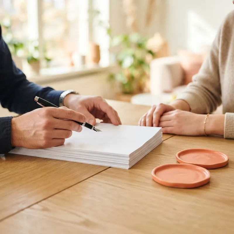 Hands reviewing real estate paperwork at a wooden table
